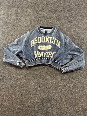 Perspective Sweatshirt Womens Small Blue Brooklyn NY Cropped Elastic Pullover